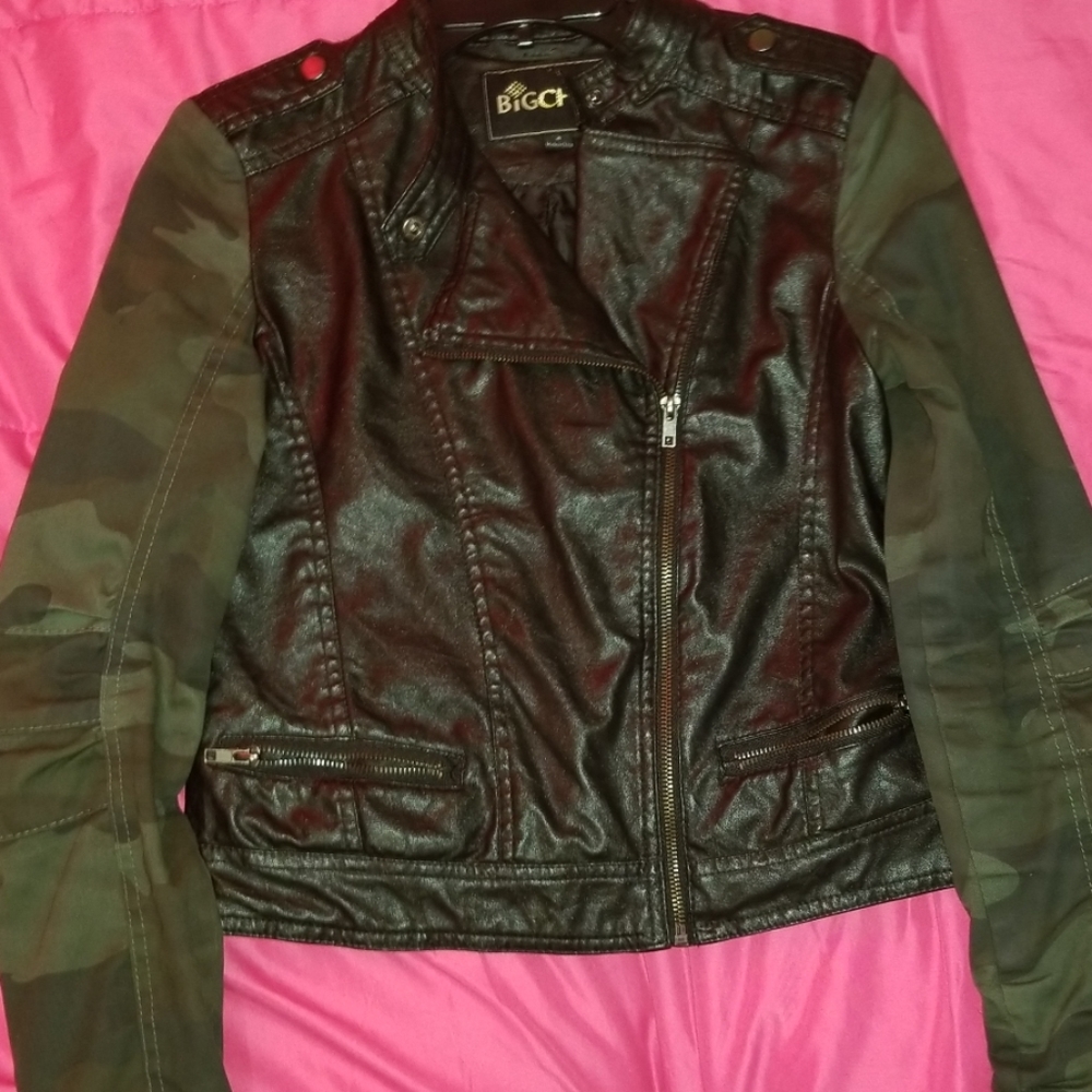 Black Leather jacket with camouflage sleeves